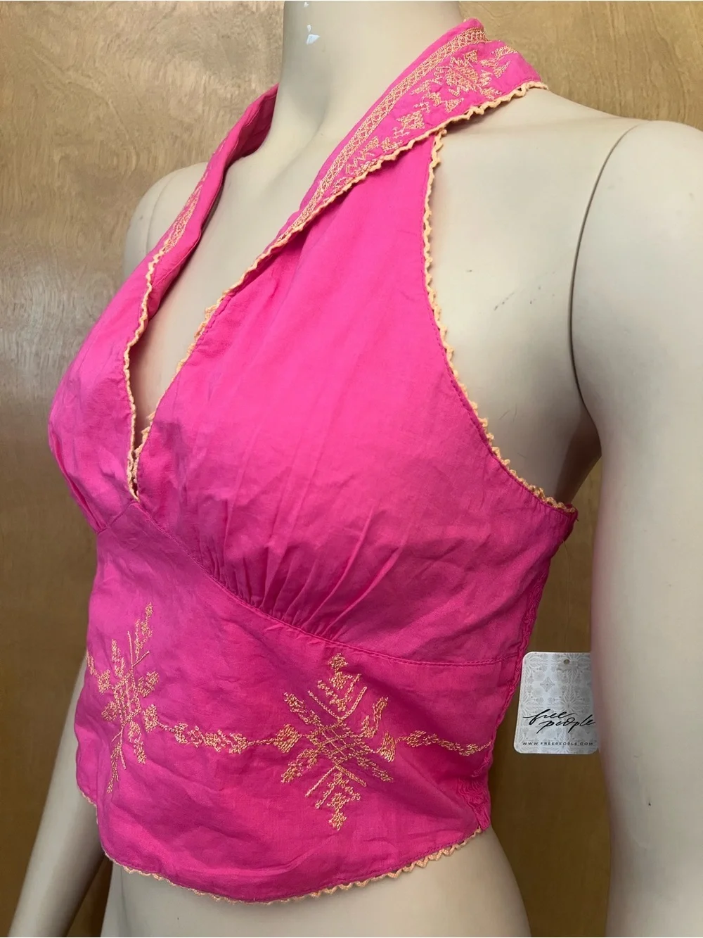 Free People Pink Halter Tank Top with Gold Embroidery